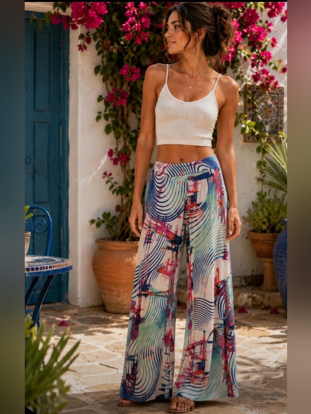 Uptown Multicolor Abstract Print Wide Leg Fold Over Waist Palazzo Pants Small